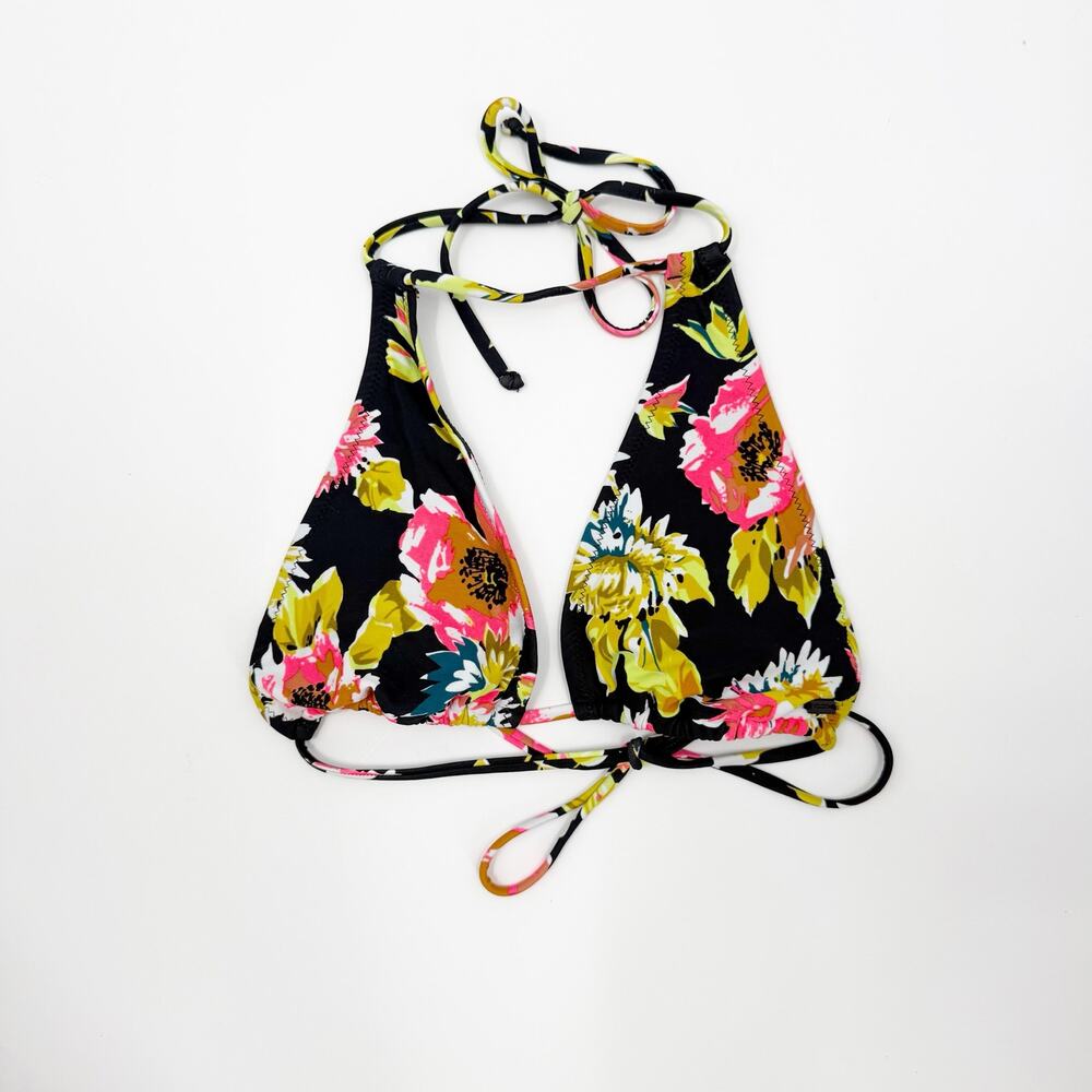 Volcom Bikini Top SZ Small NEW Floral Halter Black Triangle String Tie Back Swim